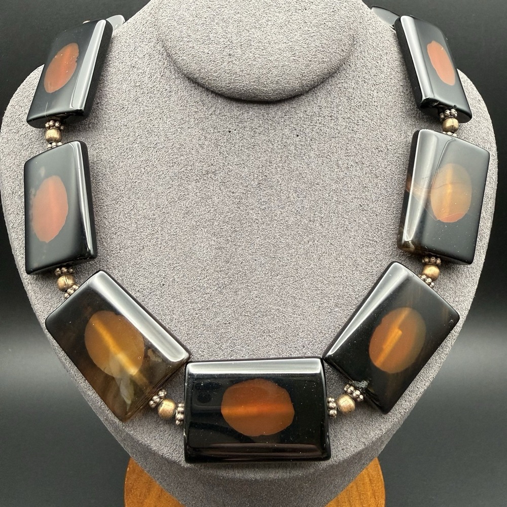 Artisan Natural Black Agate Orange Cats Eye Rectangle Panel Copper Necklace 24"